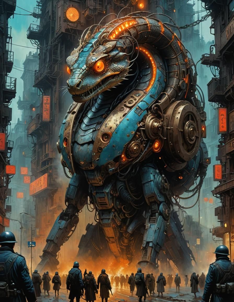 Steampunk Rattlesnake Havoc in a Metallic Cityscape