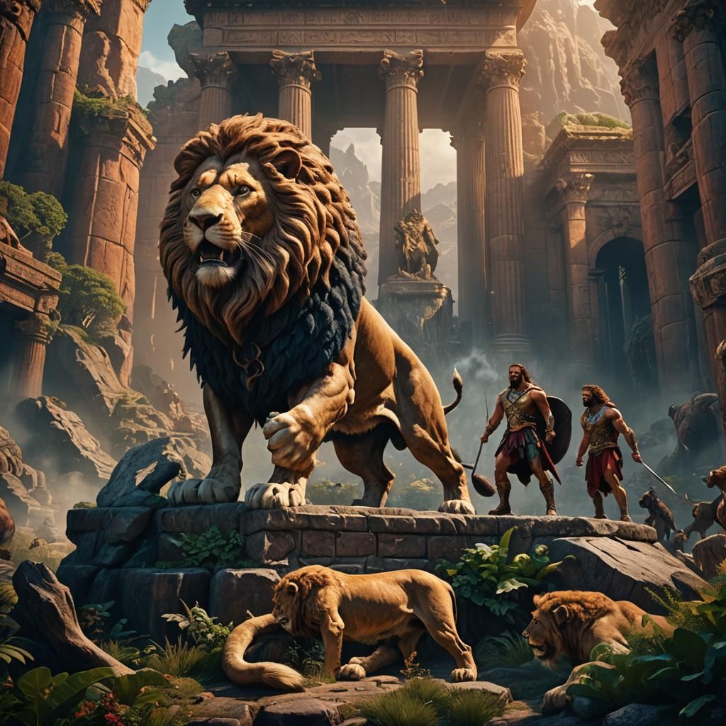 Hercules and the Lion: Detailed Fantasy Art