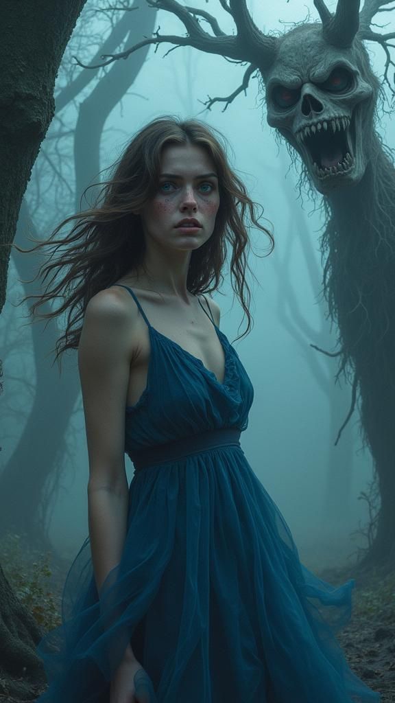 Scared Young Woman in Misty Forest
