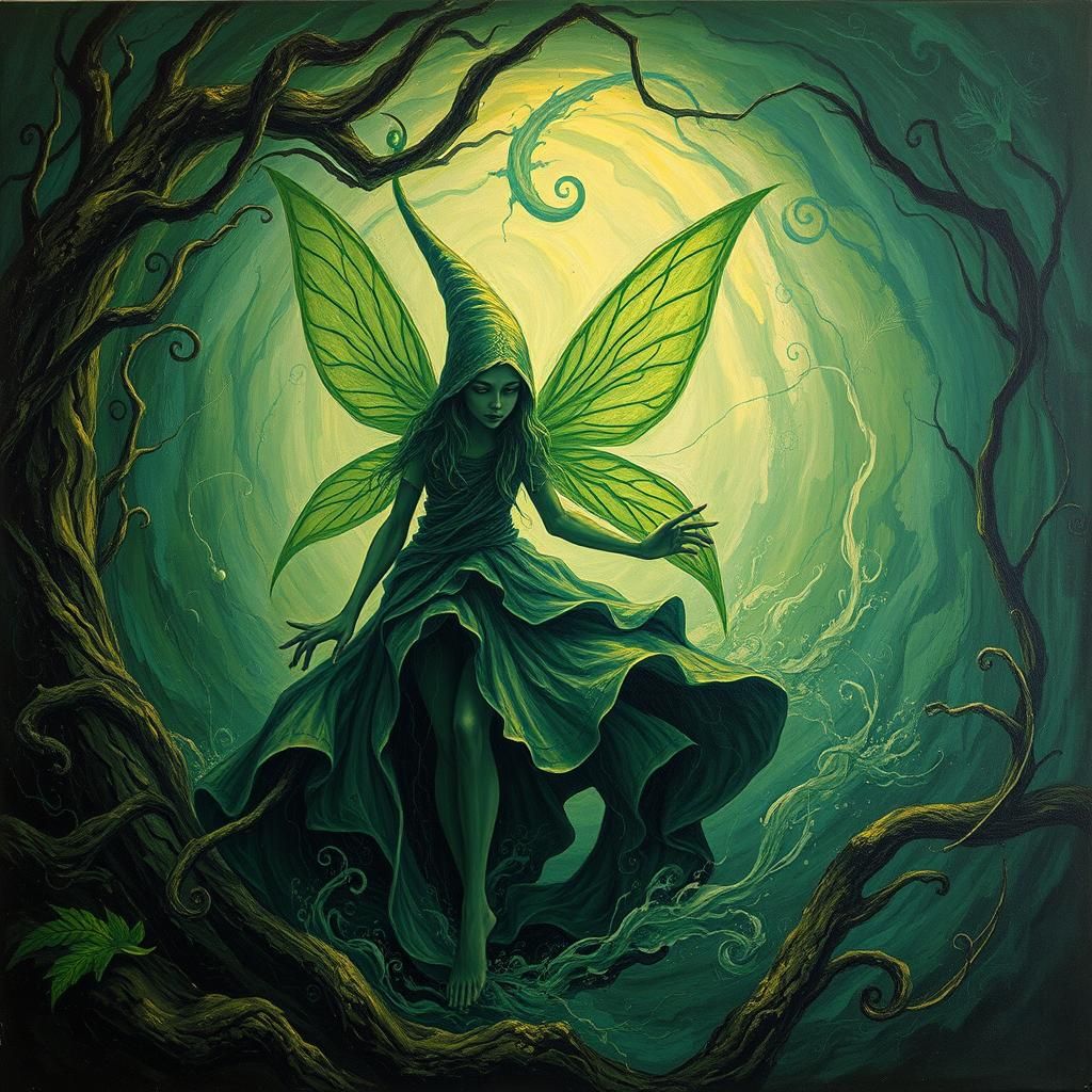 Green Fairy Elf in Surrealist Impasto Vortex