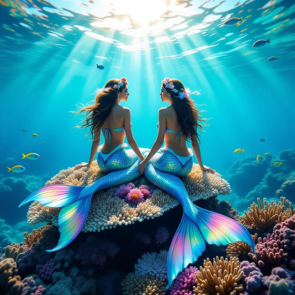 Conjoined Mermaids on Vibrant Coral Reef with Marine Life
