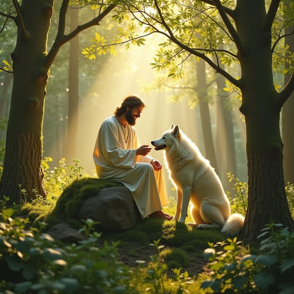 Christ and Wolf in Forest, Bouguereau Style
