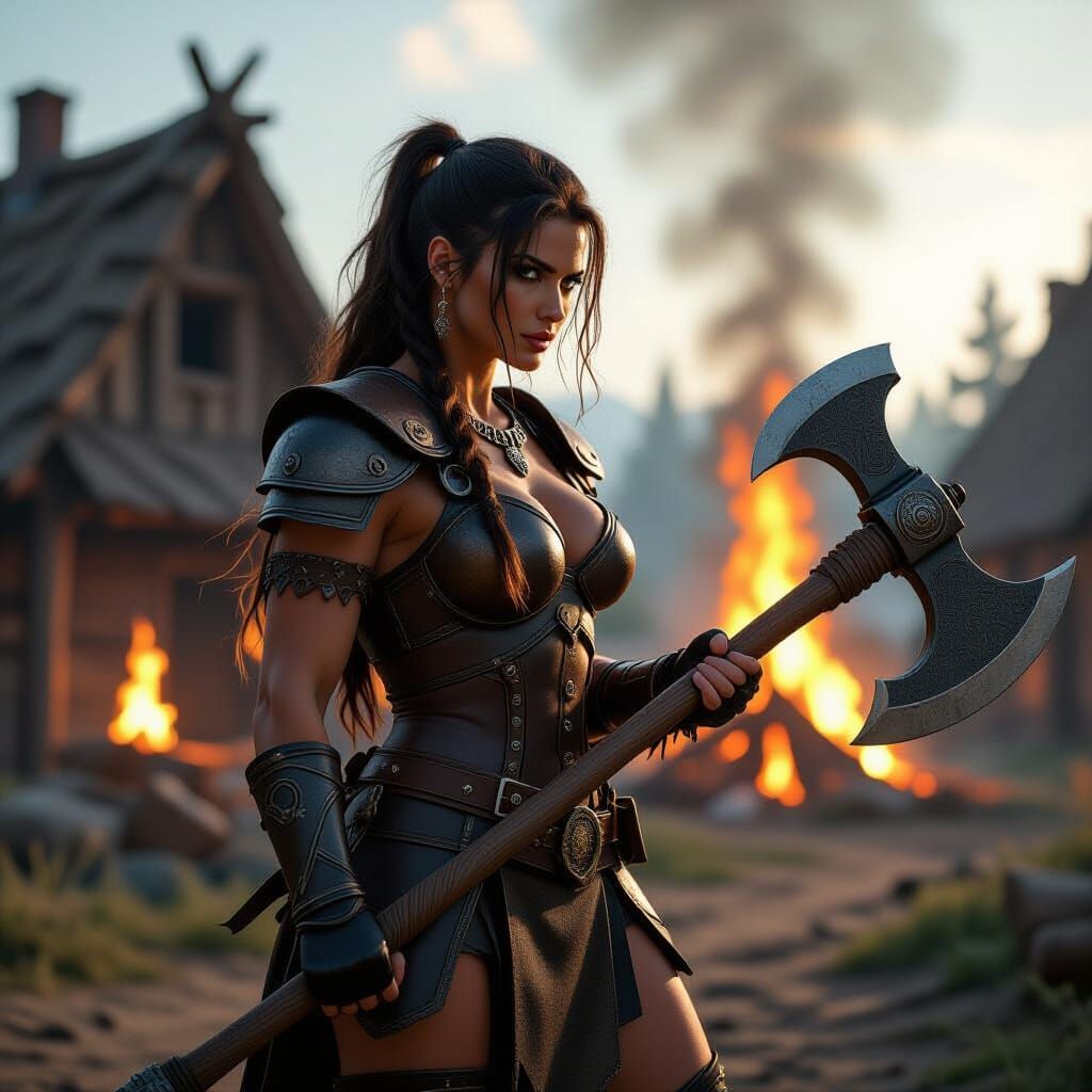 Barbarian Woman with Axe in Burning Village