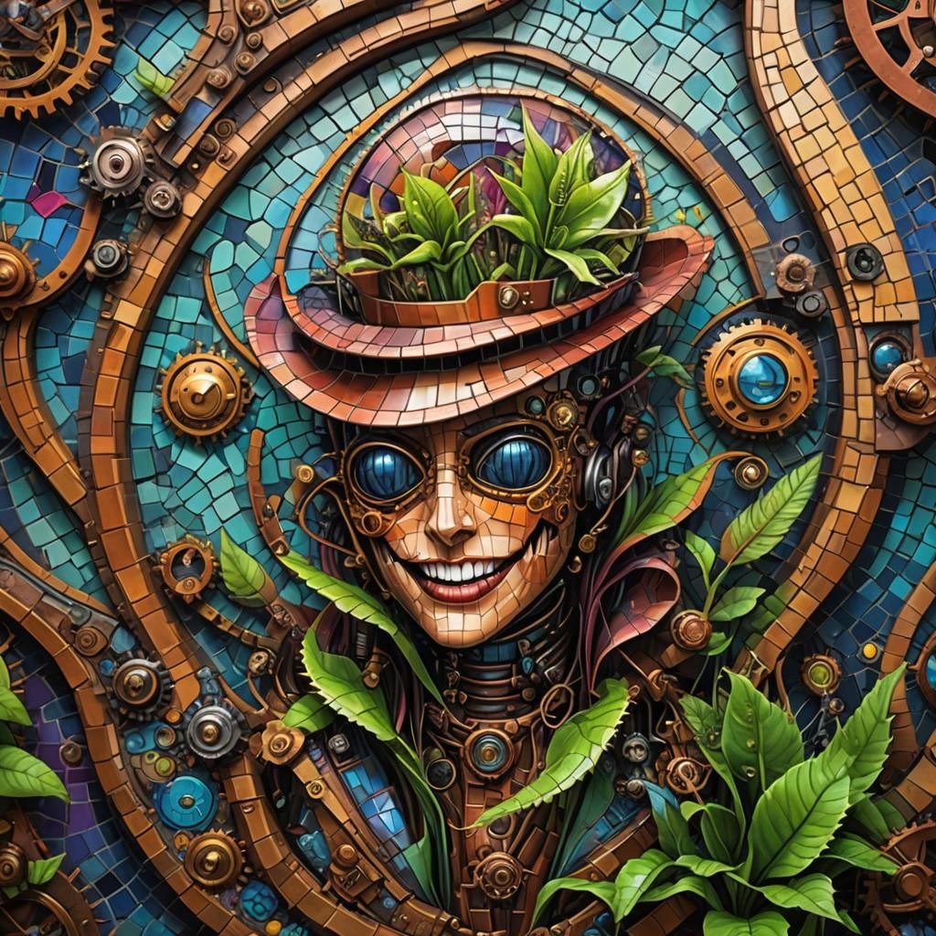 Steampunk Venus Flytrap: Mosaic Holographic Illustration