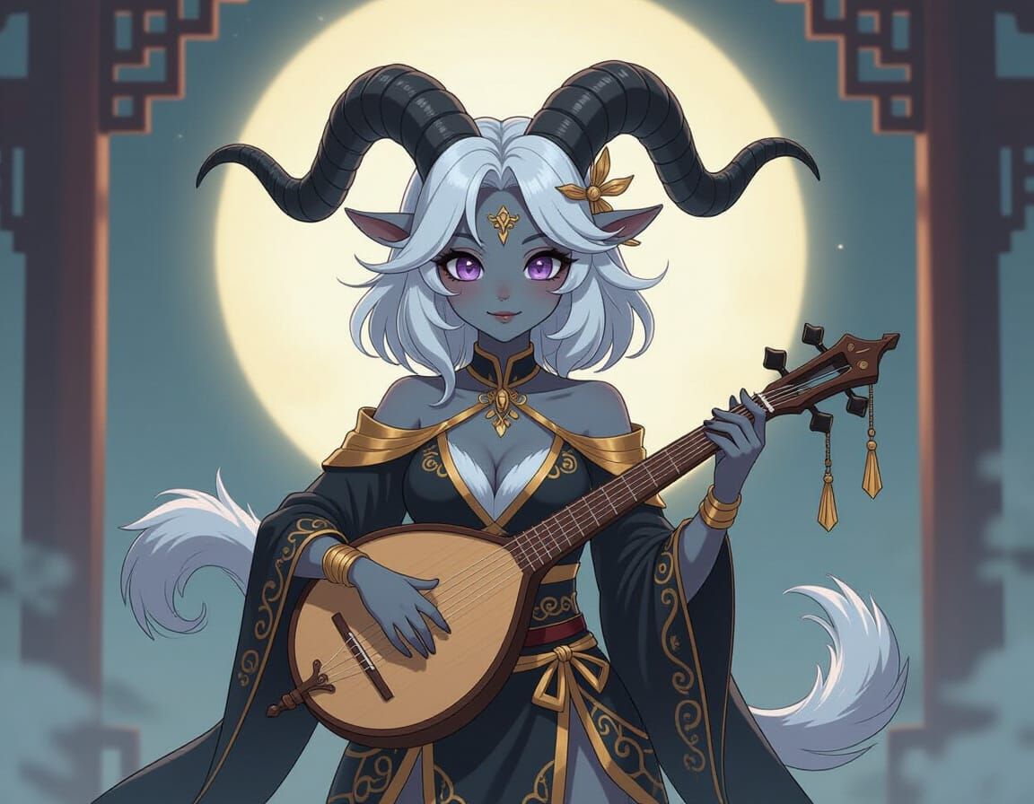 Confident Satyr Bard in Anime Semi-Realism Style