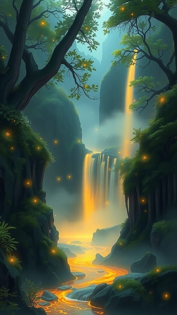Golden Waterfalls in Mystical Bioluminescent Valley
