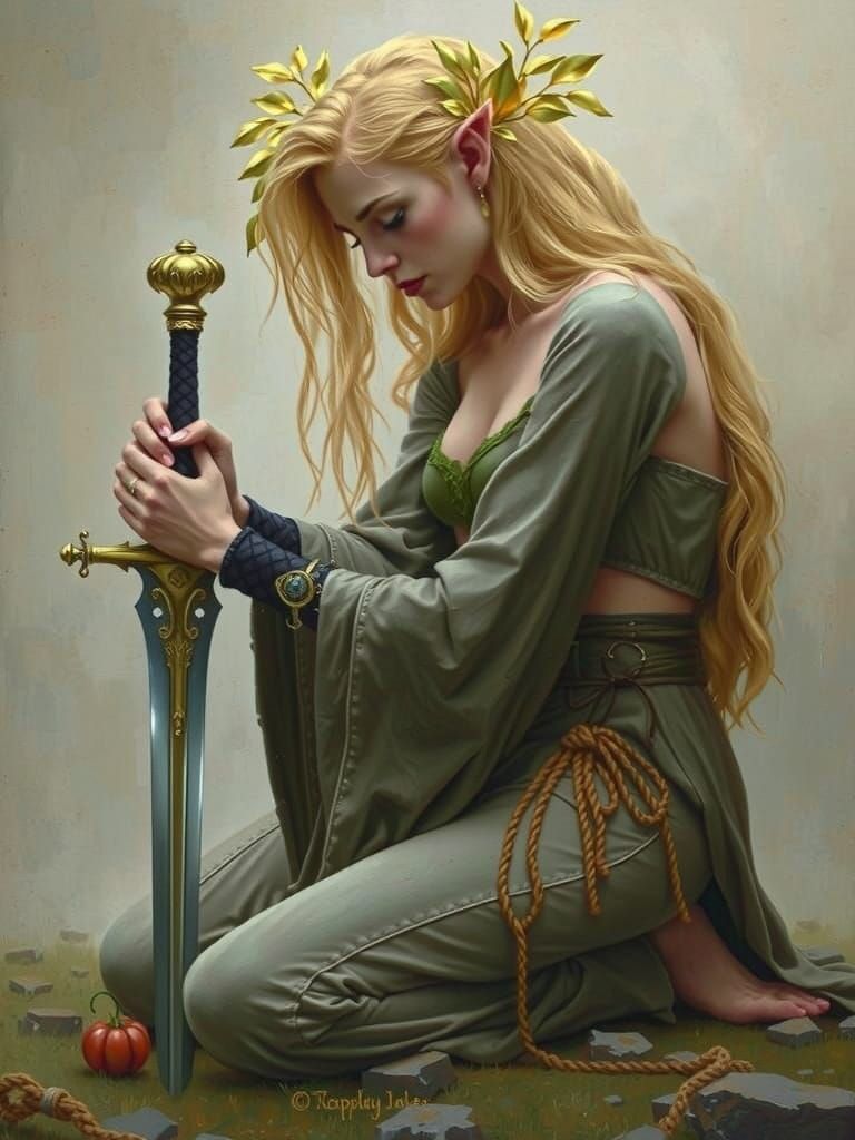 Elven Warrior in Contemplation, Classical Fantasy Realism Oi...