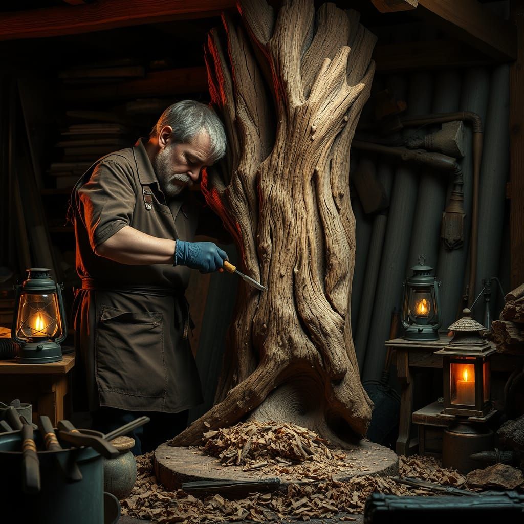 Majestic Woodcarver at Work in a Dimly Lit Workshop