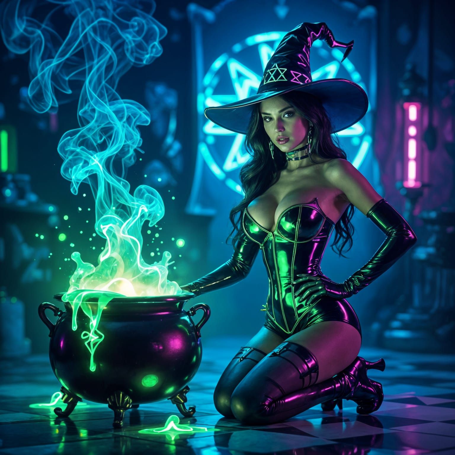 Pin-Up Witch With Neon Potion in Futuristic Lab