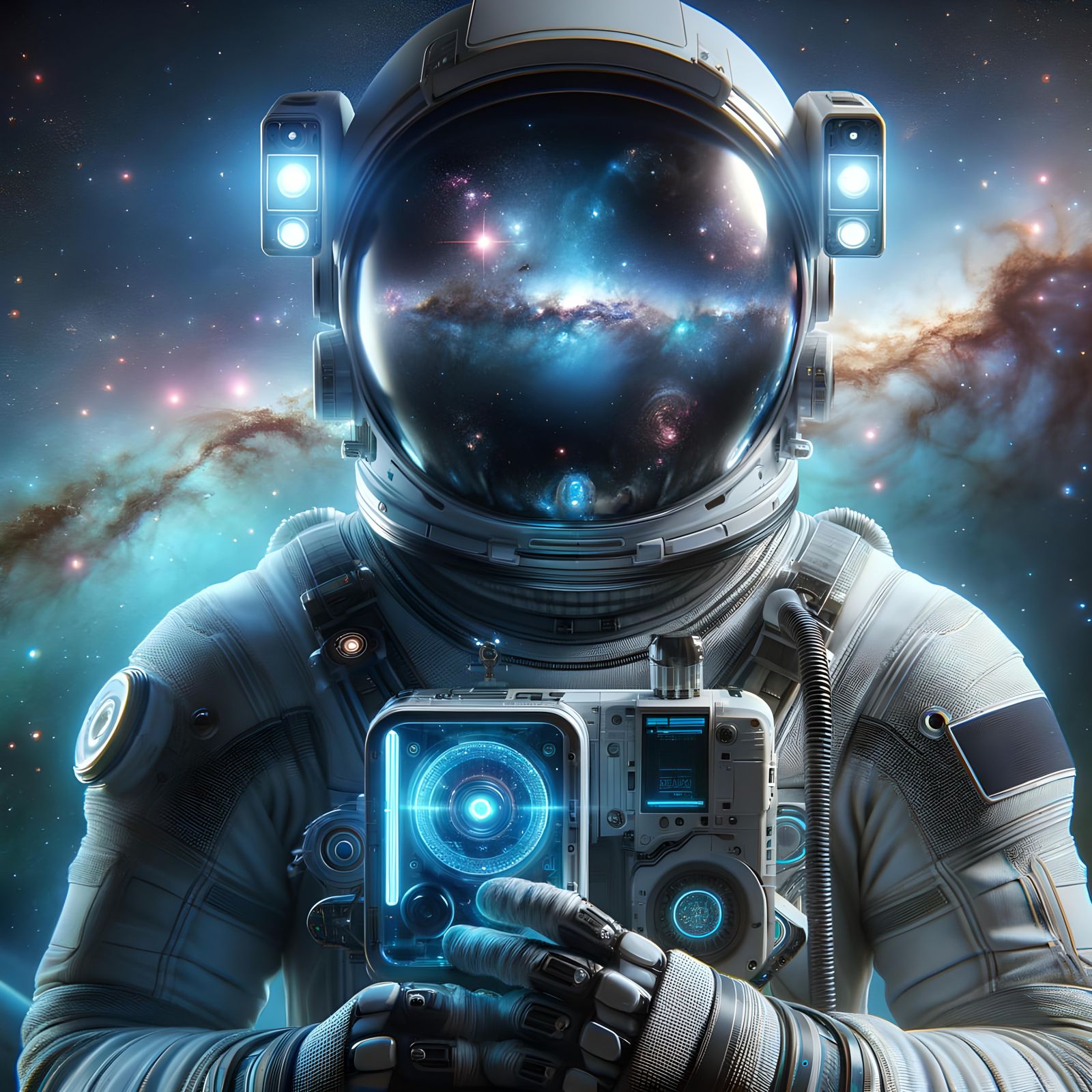 Photorealistic Futuristic Astronaut Exploring Distant Galaxi...