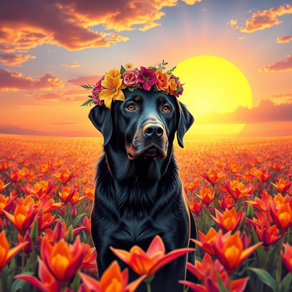 Labrador in Torch Lily Field, Astral Cosmic Illustration