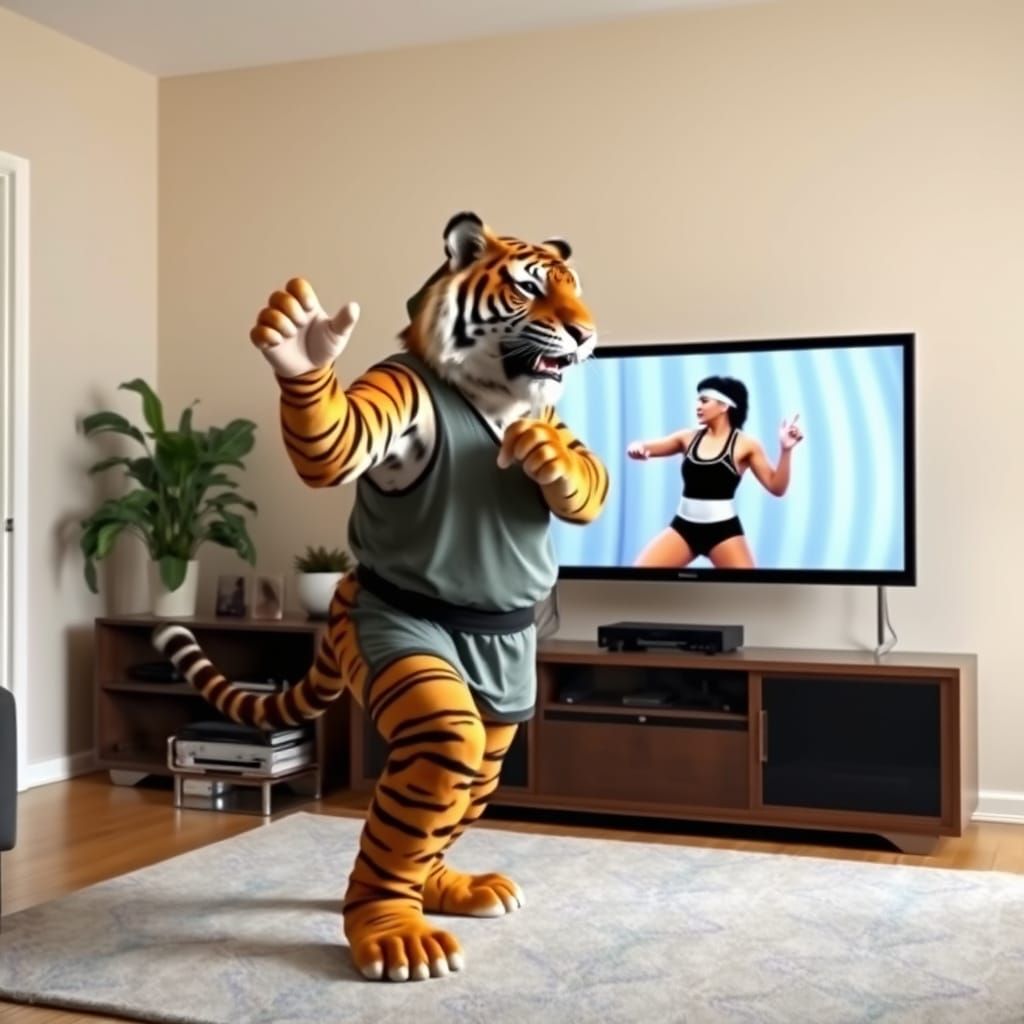 Anthropomorphic Tiger Does Aerobics in Living Room
