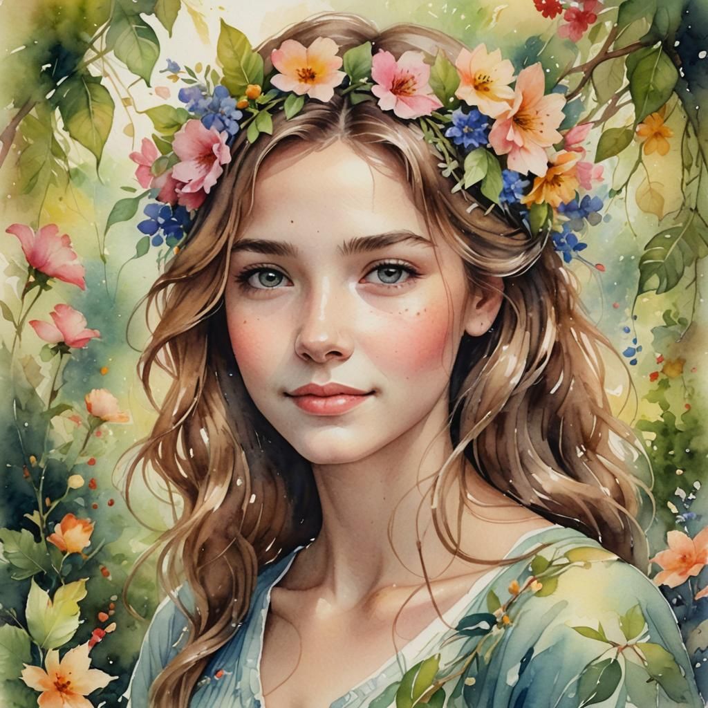 Watercolor Girl with Flowers Portrait in Garden