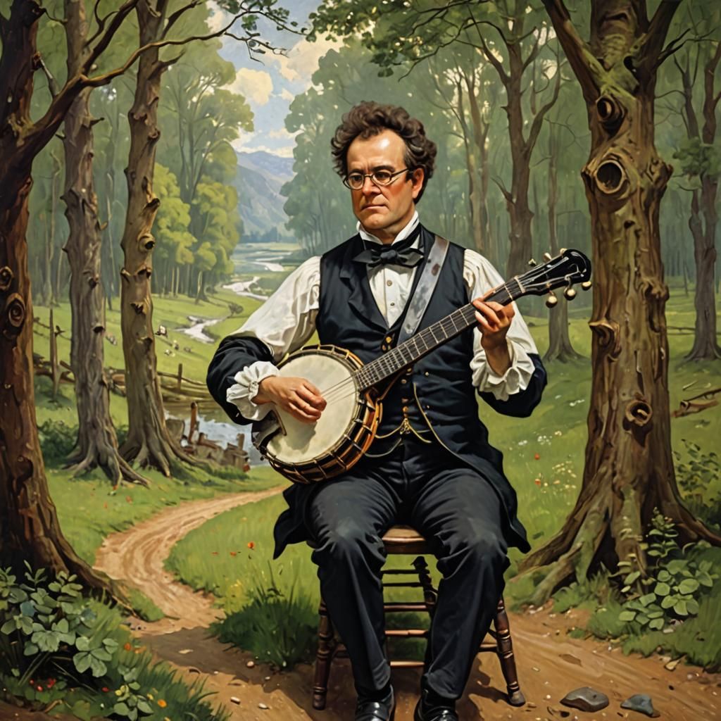 Composer Plays Banjo: Oil Painting