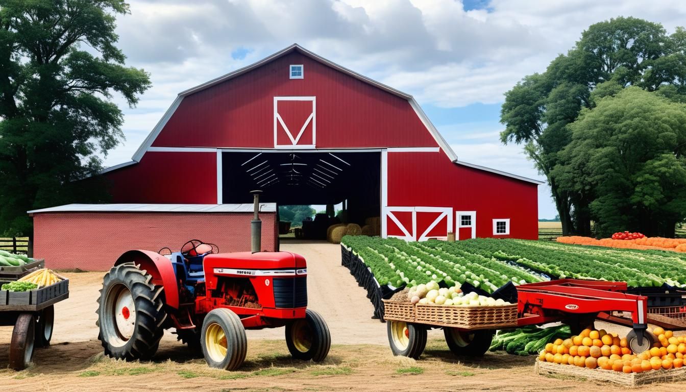 Red Barn with Tractor and Farmhouse