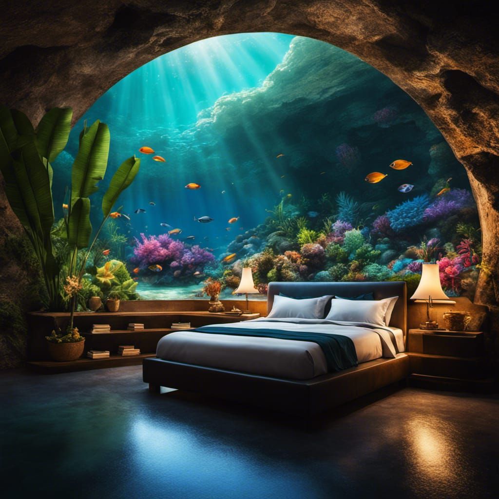 Underwater Cave Bedroom with Bioluminescent Flora