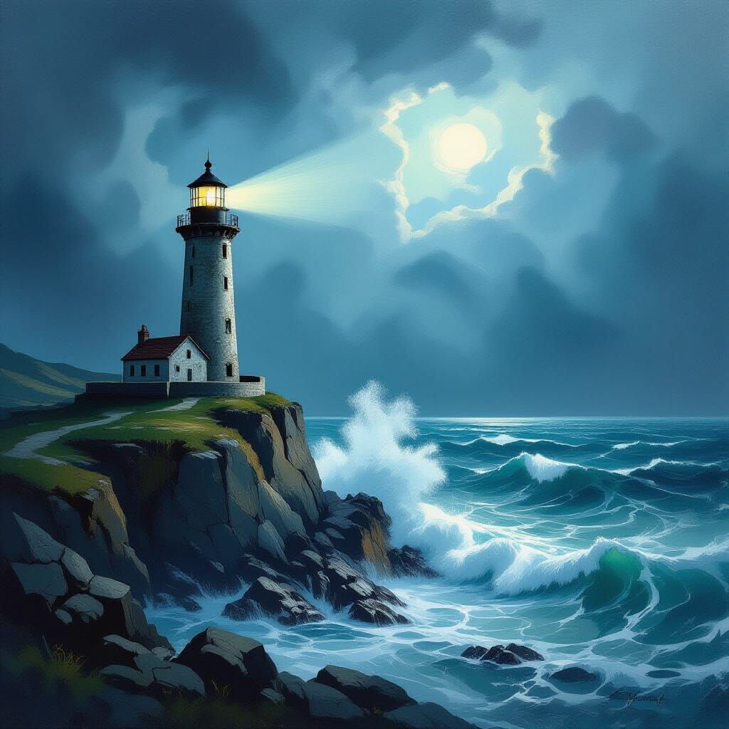 Ancient Lighthouse on Stormy Cliffs in Moody Oil Painting St...