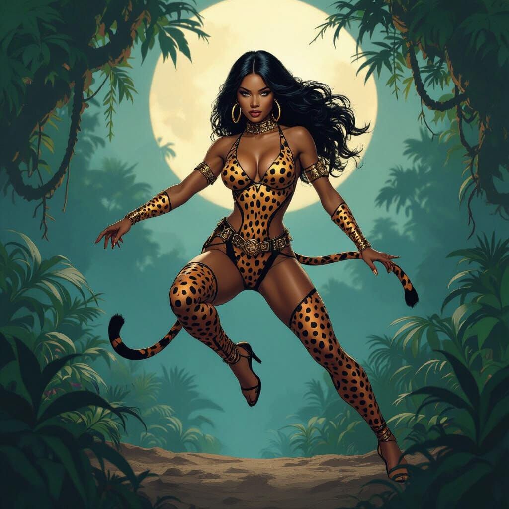 Powerful Black Woman in Cheetah Print in Jungle Dusk
