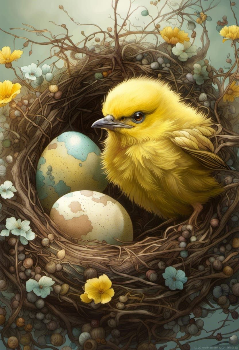 Cute Baby Bird in Nest with Eggs