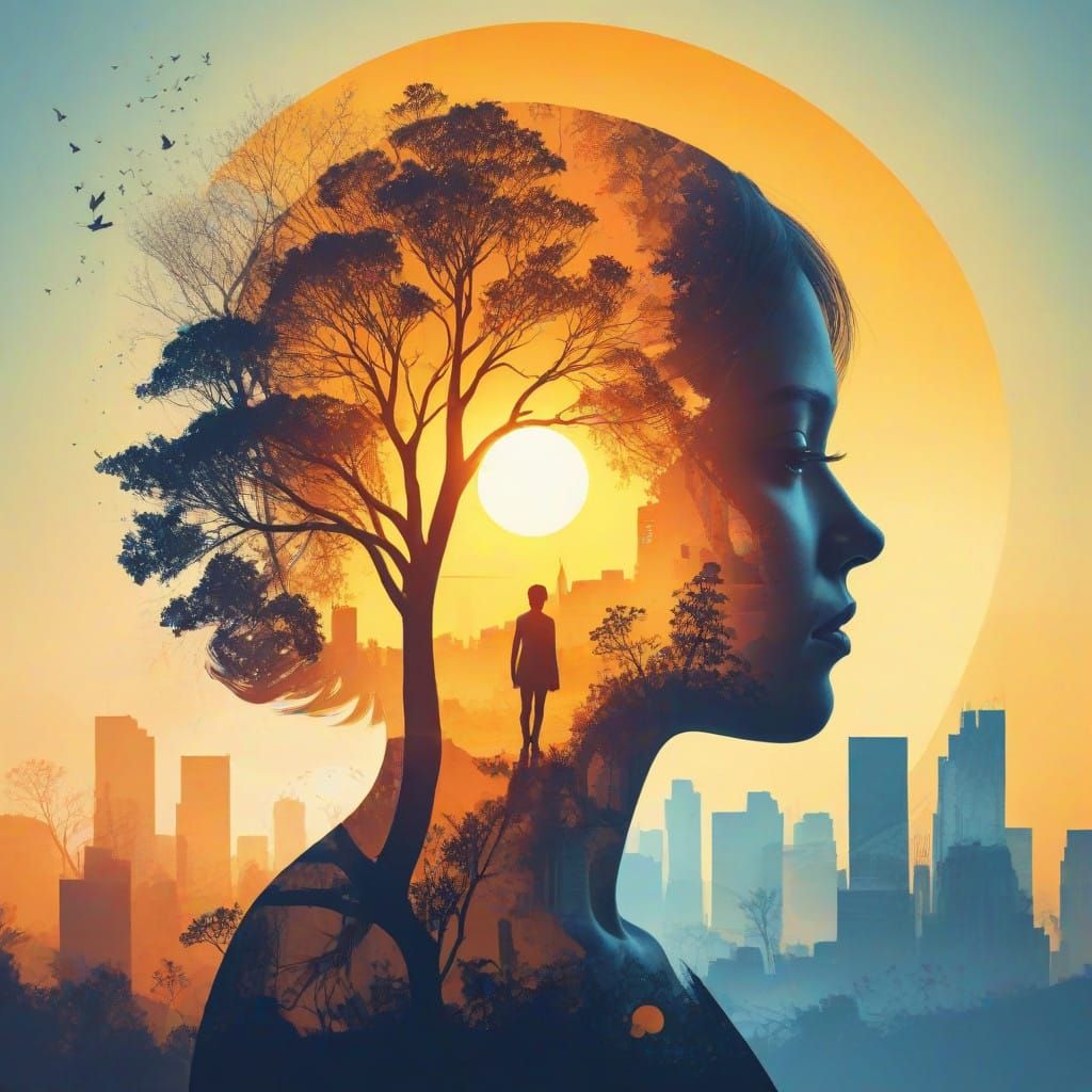 Cityscape Silhouette with Nature Elements in Vibrant Colors