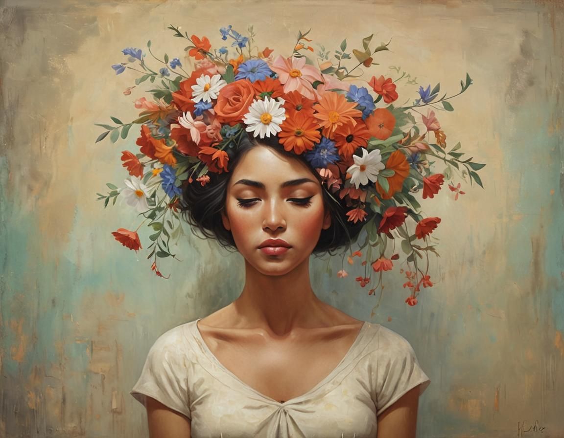 Woman with Flowers in Surrealist Style