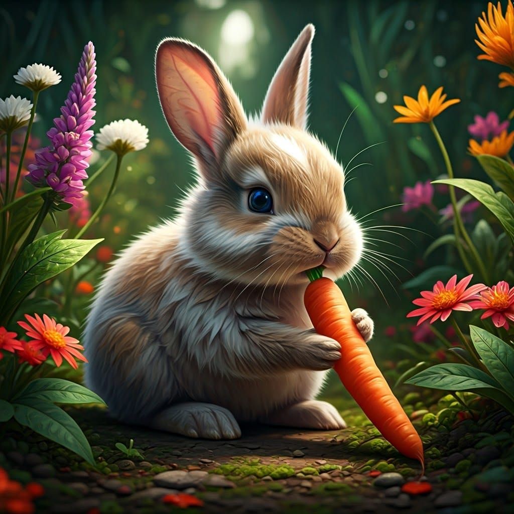 Baby Bunny in Whimsical Garden, Digital Art