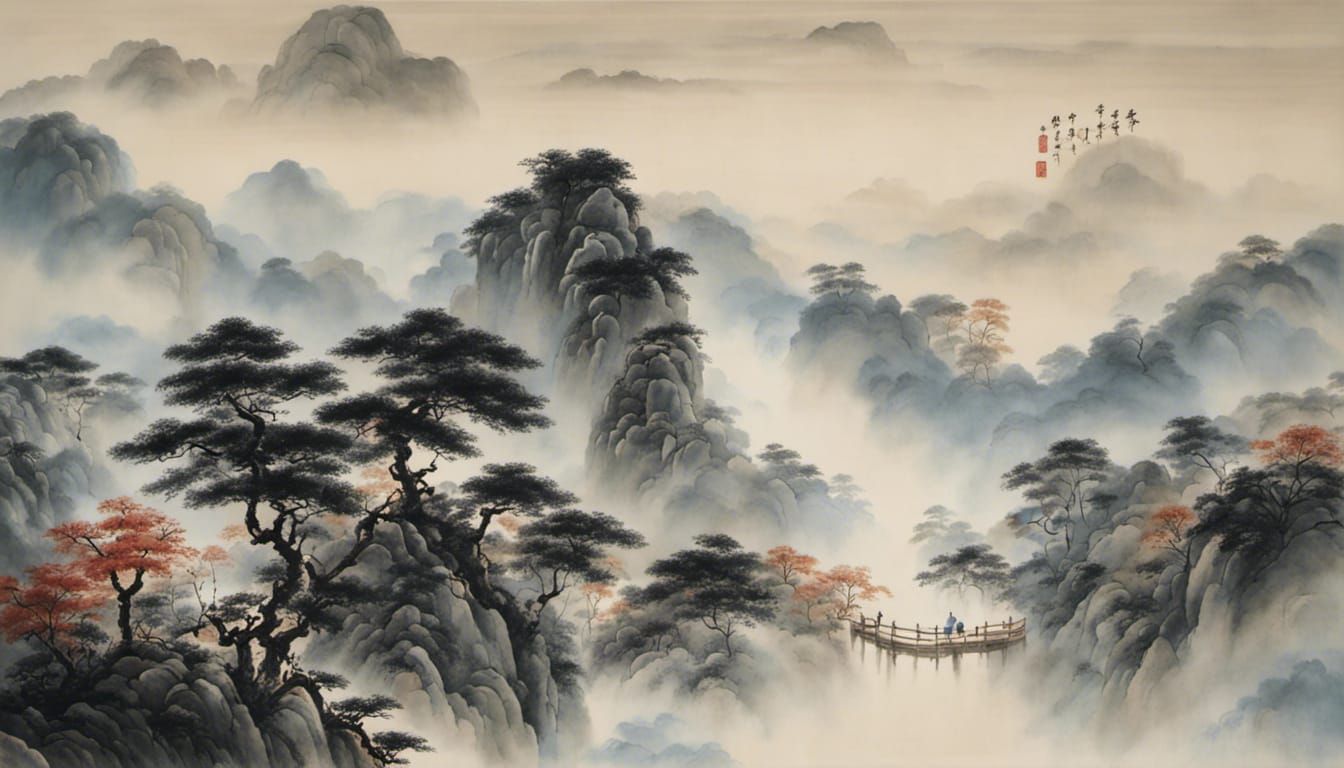 Shan Shui Painting of Friendship in Dawn Light