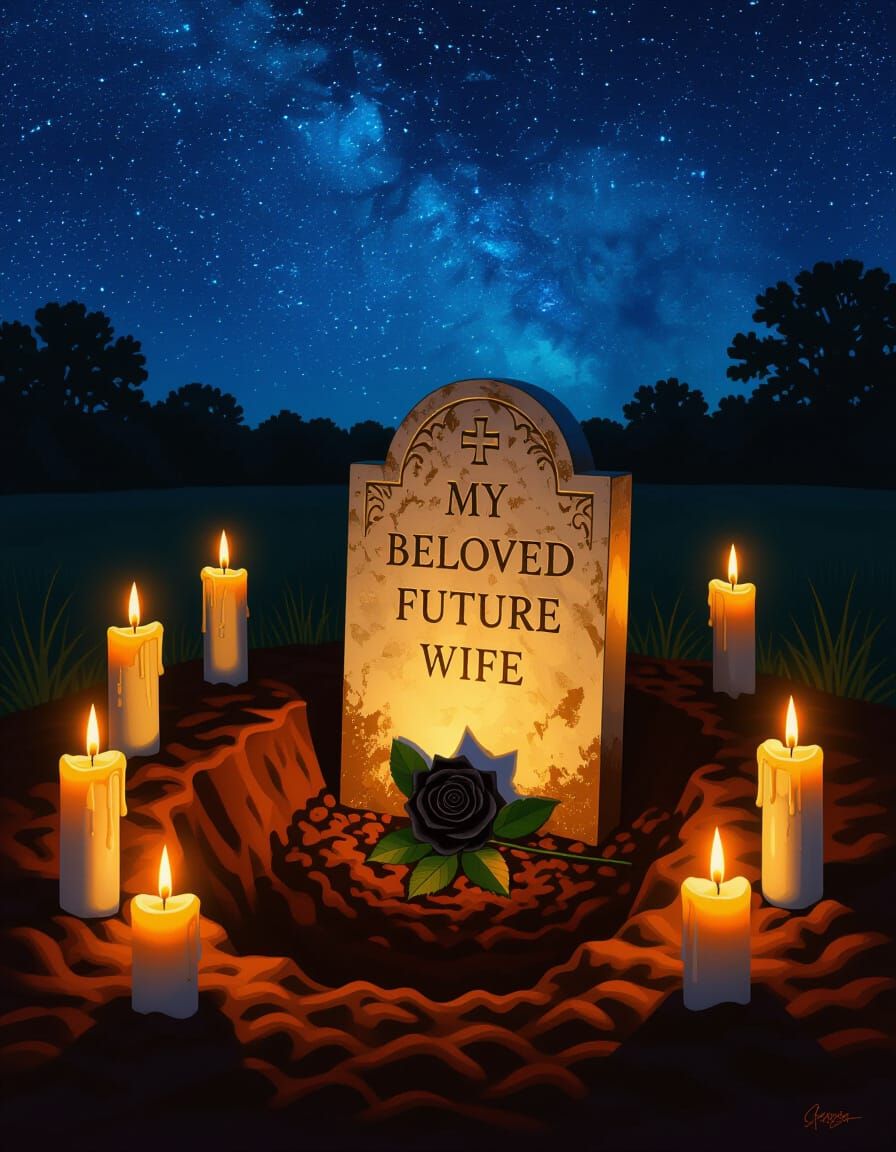 Starry Night Grave with Tombstone and Candles