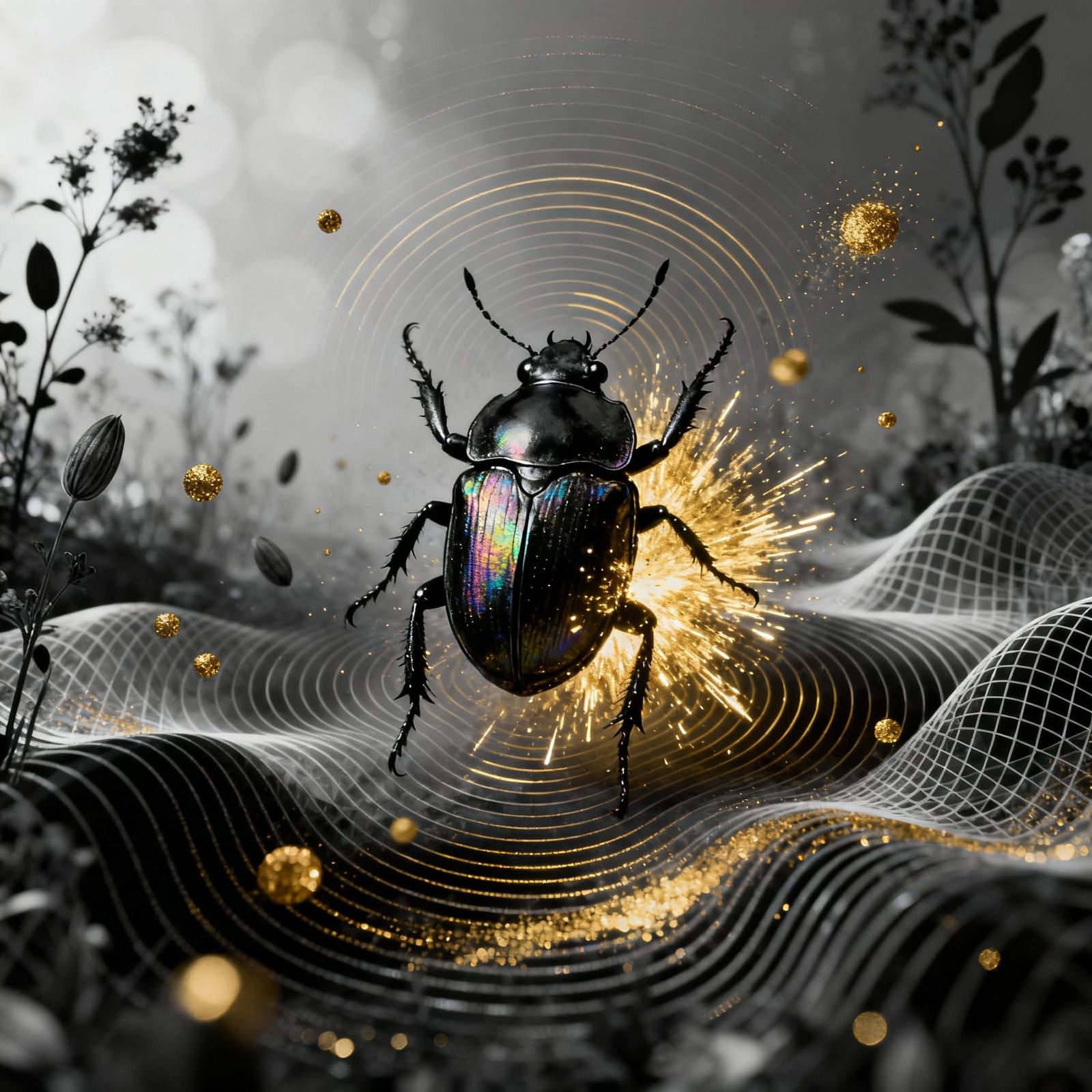 Monochrome Beetle Portrait with Golden Explosions and Waves
