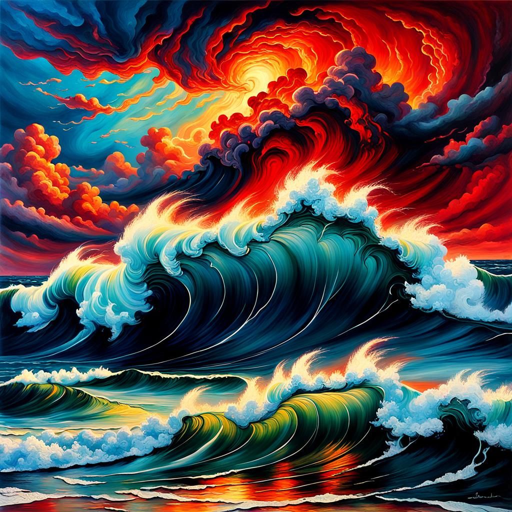oil painting of a majestic and vibrant ocean waves storm erupting with fiery red sky