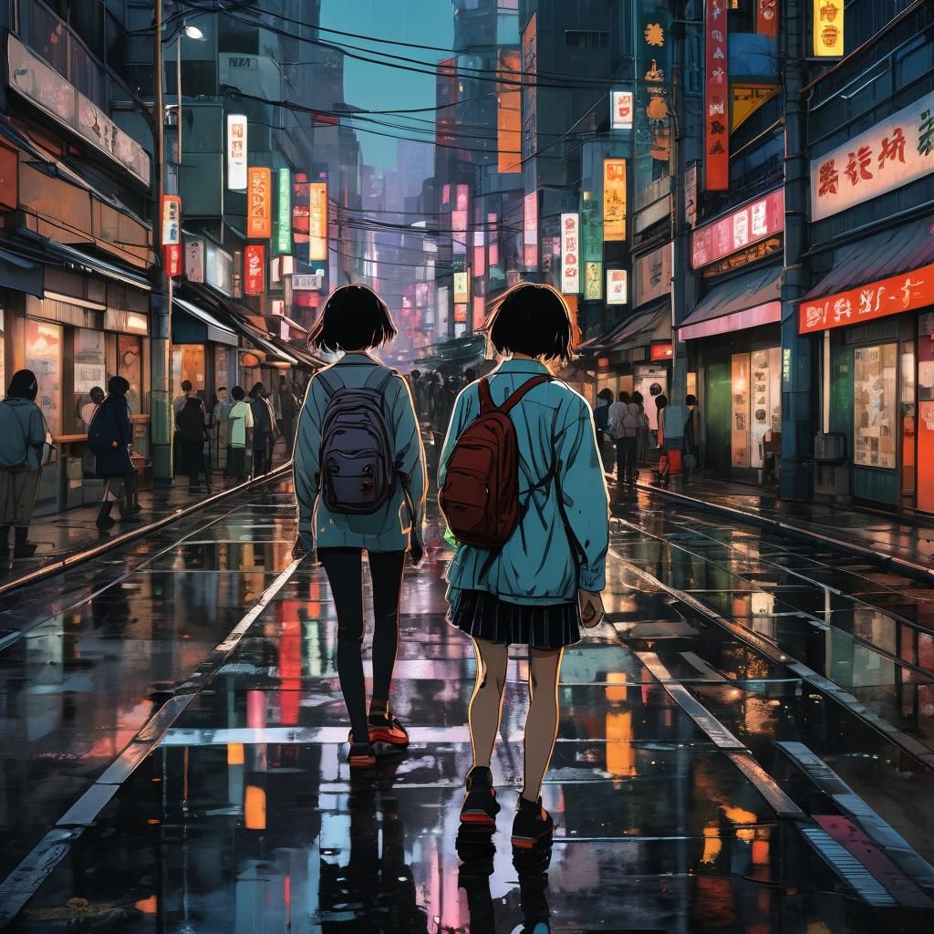 Manga-Inspired Tokyo Street Scene with Vibrant Colors and Bo...