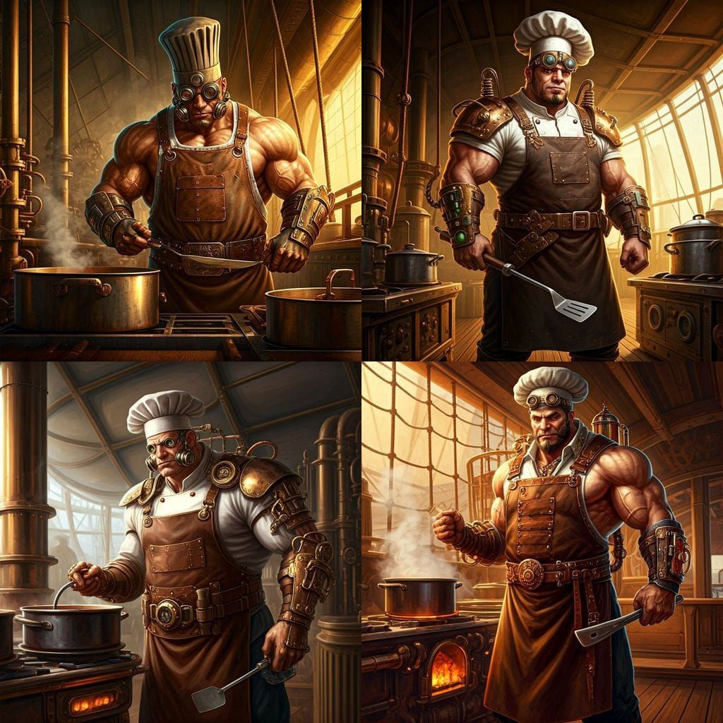 Steampunk Airship Chef with Muscles and Mechanical Hat