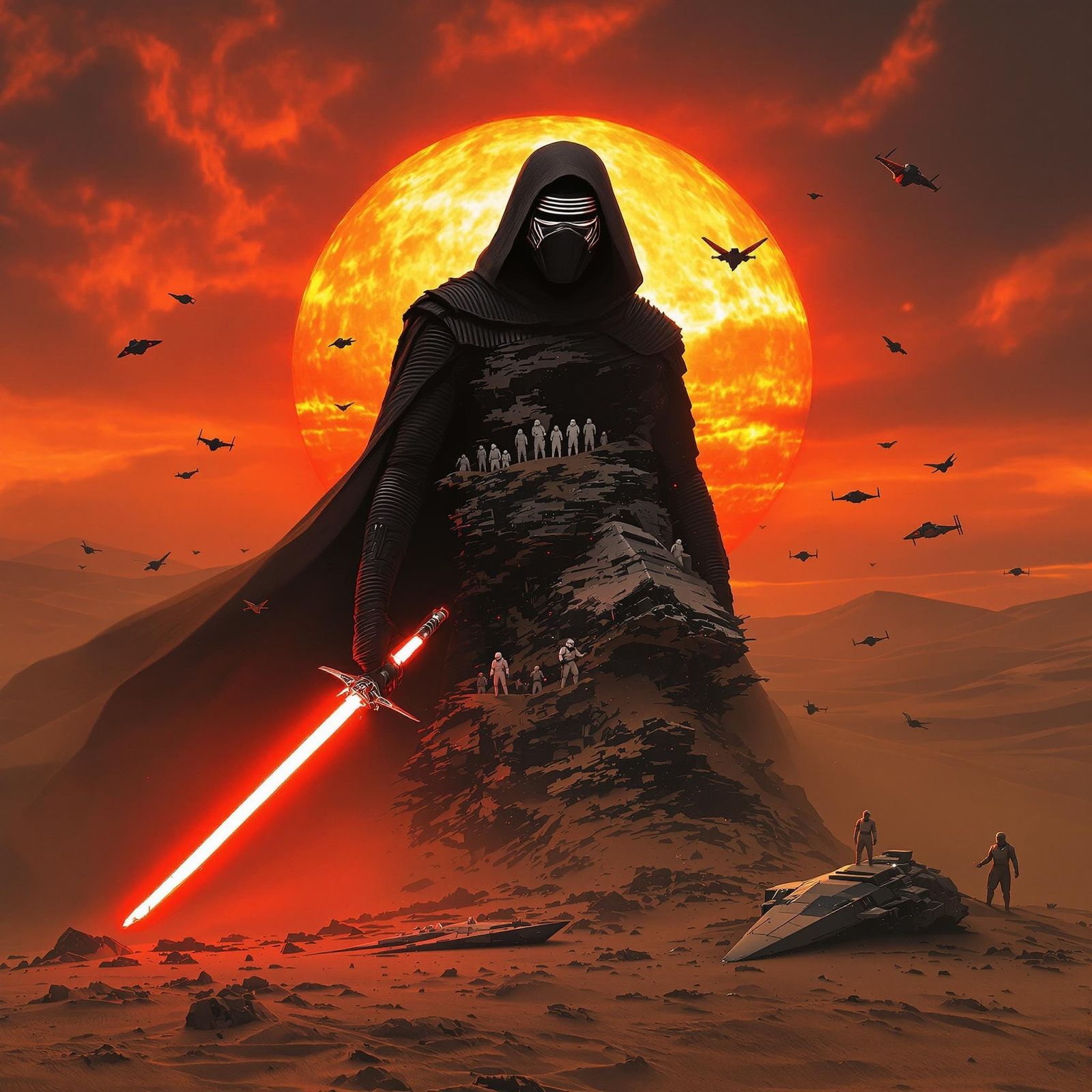Kylo Ren Dominates a Desert Landscape with Crashed Imperial....