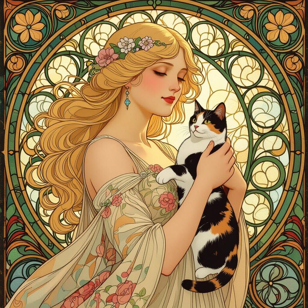 Art Nouveau Lady with Cat and Floral Gown