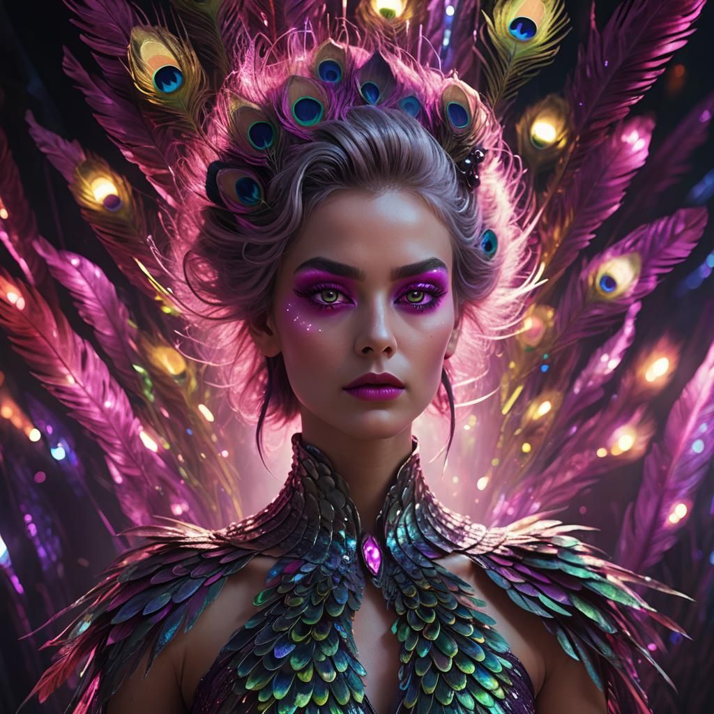 Peacock Woman with Silver Eyes in Digital Art Style