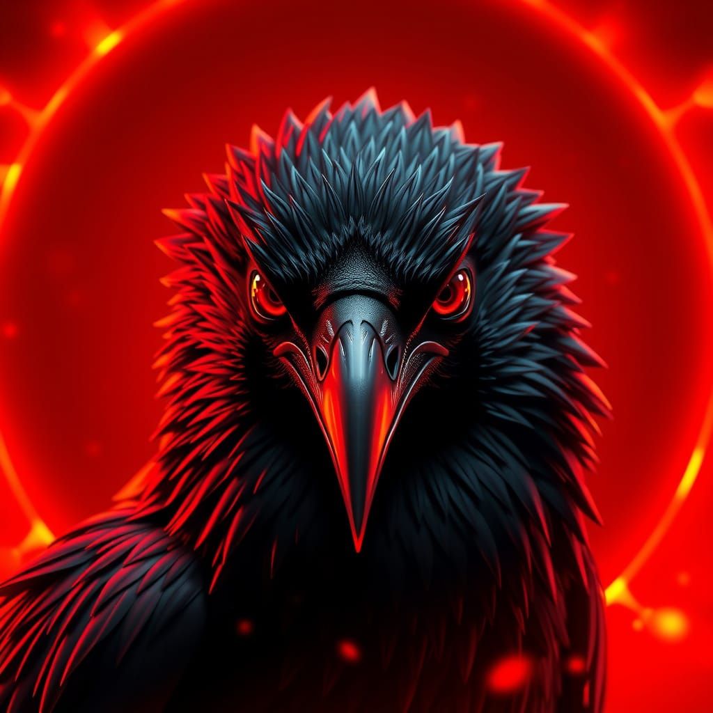 portrait of a raven, with a red glow behind it staring at the viewer