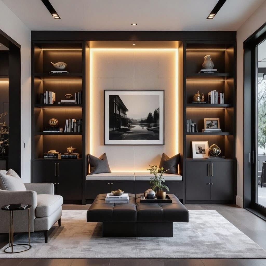 Modern Den Design with Art Display and Storage