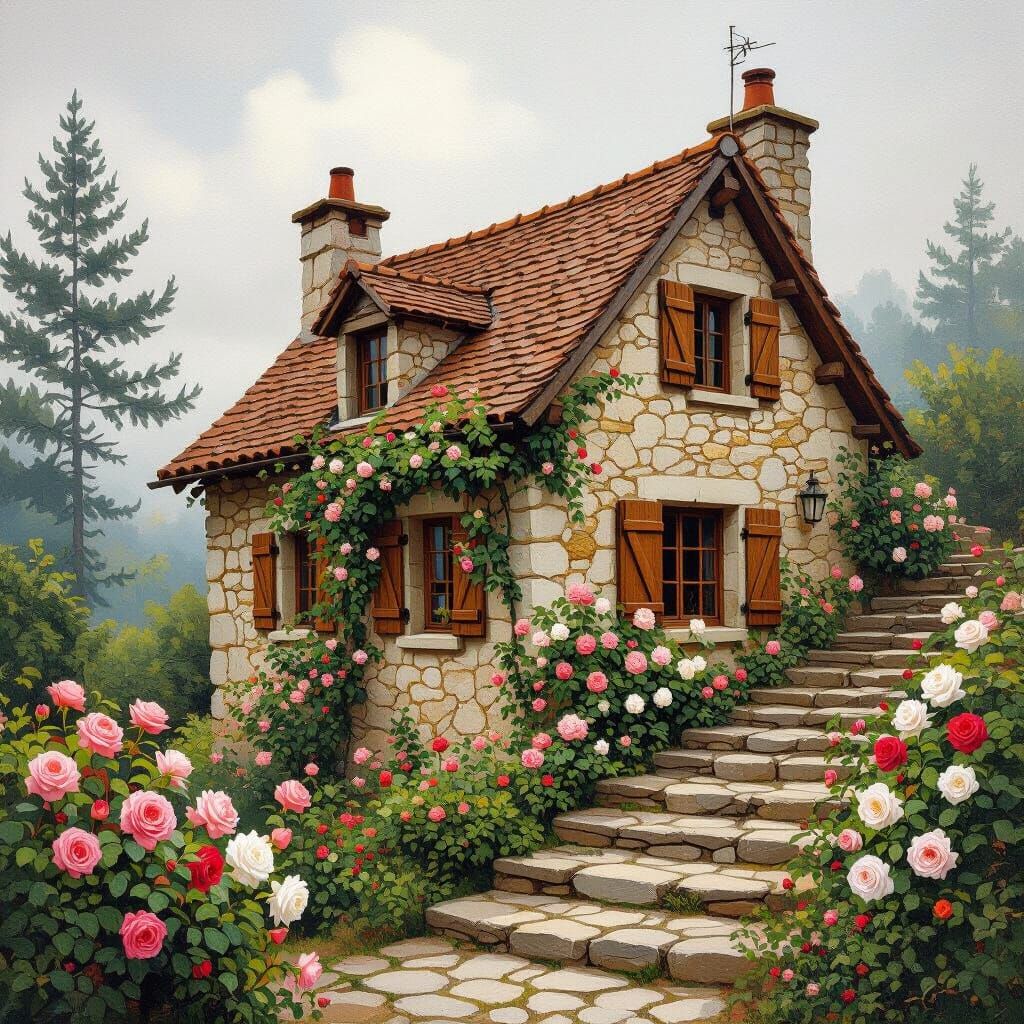 Rustic Cottage Surrounded by Blooming Roses