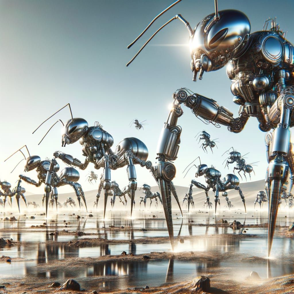 Metallic Robotic Ants March Across Wasteland