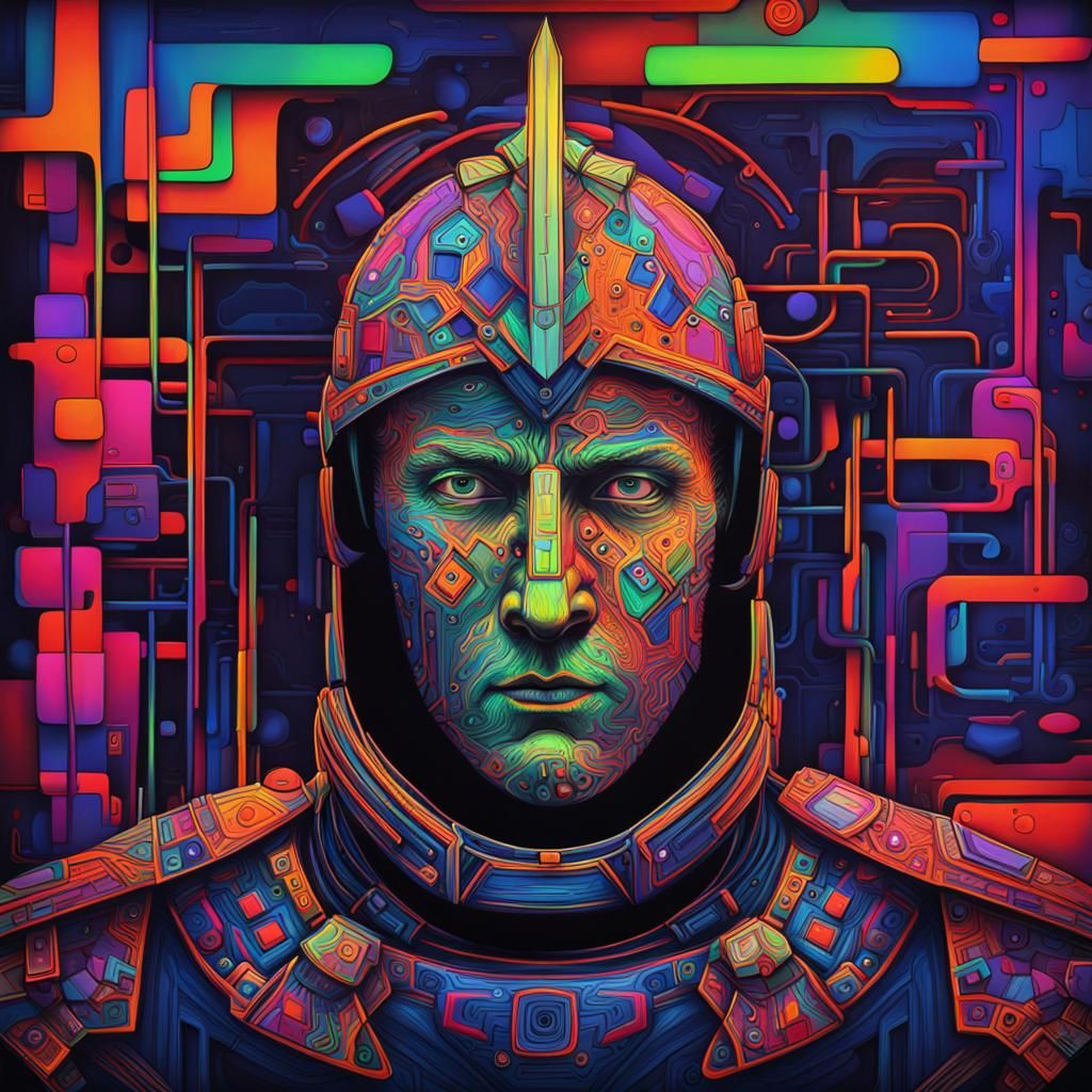 Abstract Knight Portrait with Neon Fractal Wiring