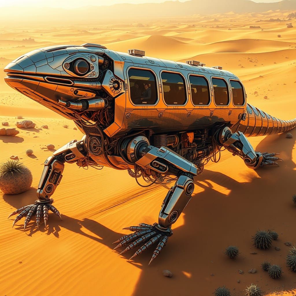 Futuristic Robotic Lizard Vehicle in Desert Landscape