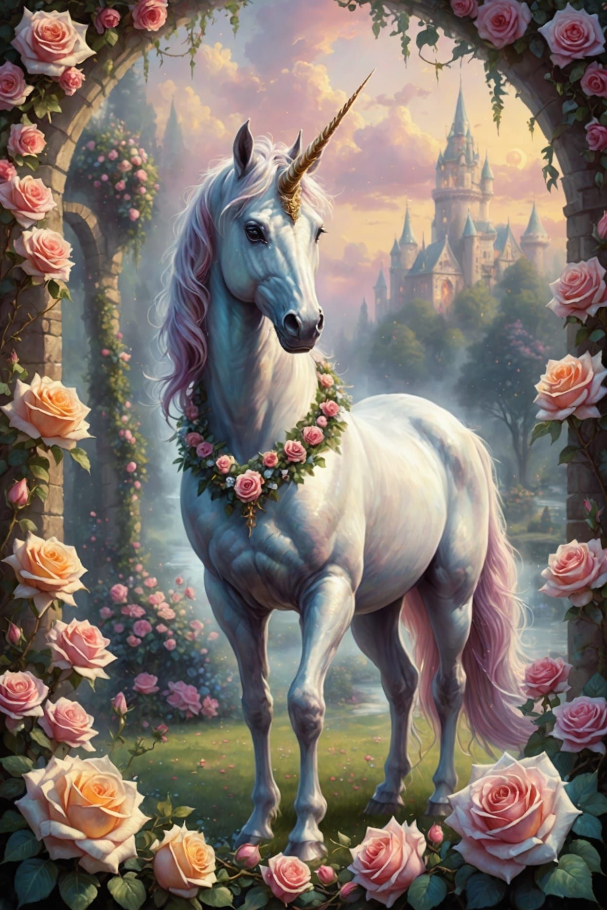 Ethereal Unicorn in Rose Garland, Fantasy Art