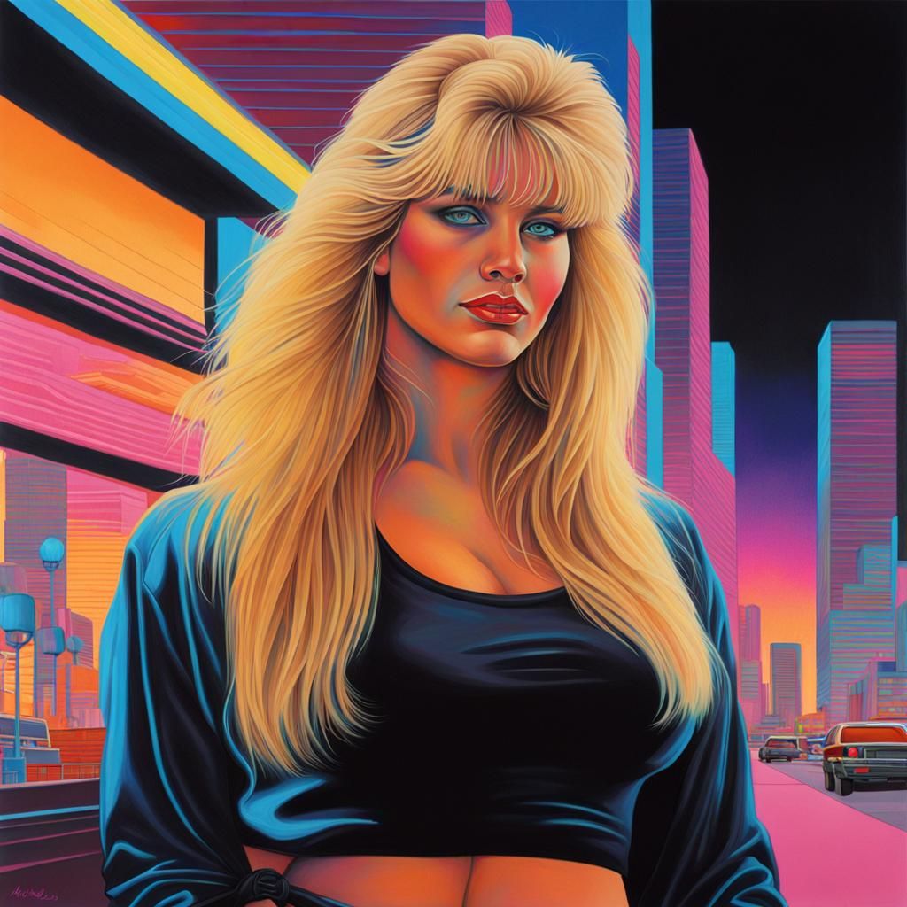 Voluptuous Woman in 80s Retrowave Synthwave Style