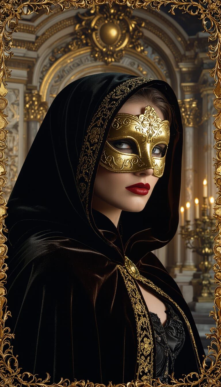 Baroque Sorceress with Gilded Mask in Candlelight