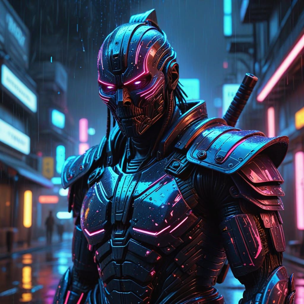 Cyberpunk Samurai in Neon-Lit Combat Stance