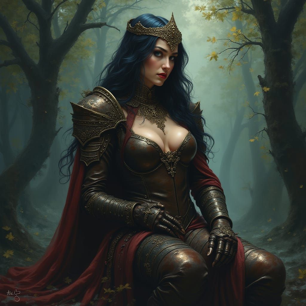 Regal Goddess in Victorian Leather Armor, Mystical Forest