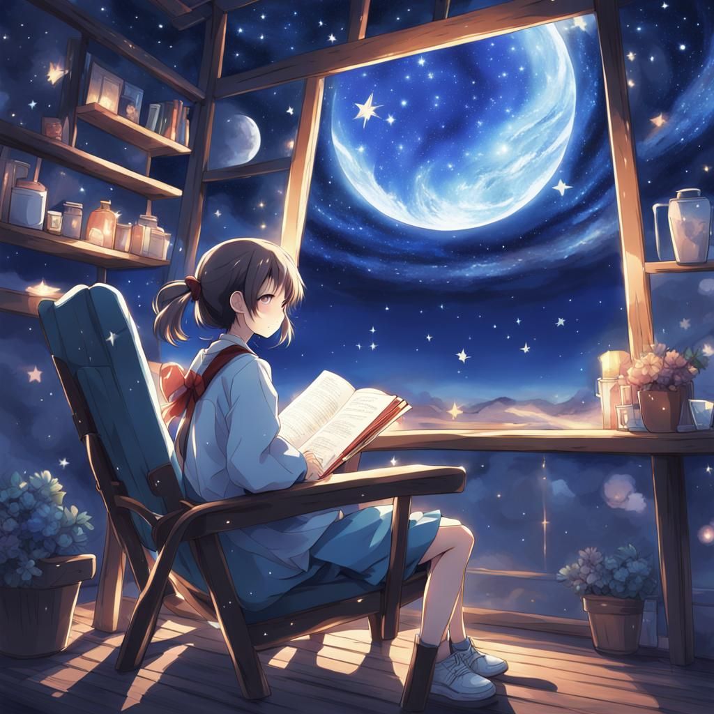 Anime Girl Gazing at Starry Sky