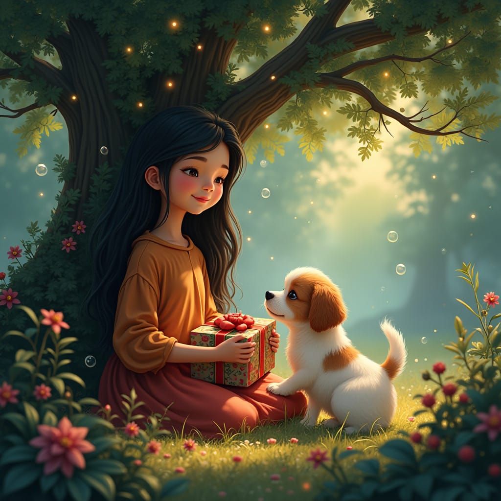 Enchanting Christmas Scene with Filipina Girl and Playful Pu...