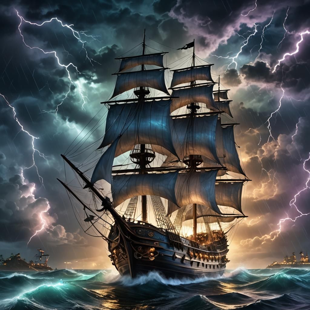 Transparent Pirate Ship in Tempestuous Seas
