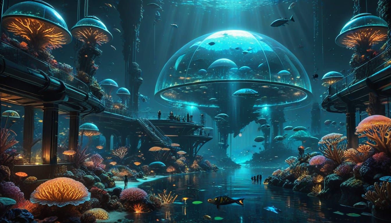 Underwater City with Cyborgs and Bioluminescent Coral